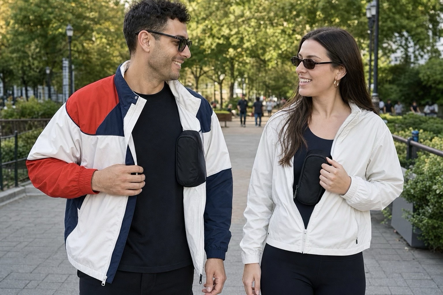 Couple walking in park, both wearing TBK attached to jackets