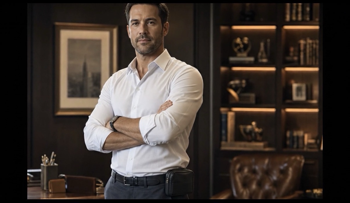 Man in business shirt, arms crossed, TBK belt keeper on hip