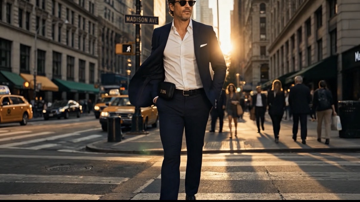 Man walking on Madison Avenue, TBK belt keeper on hip, hands free