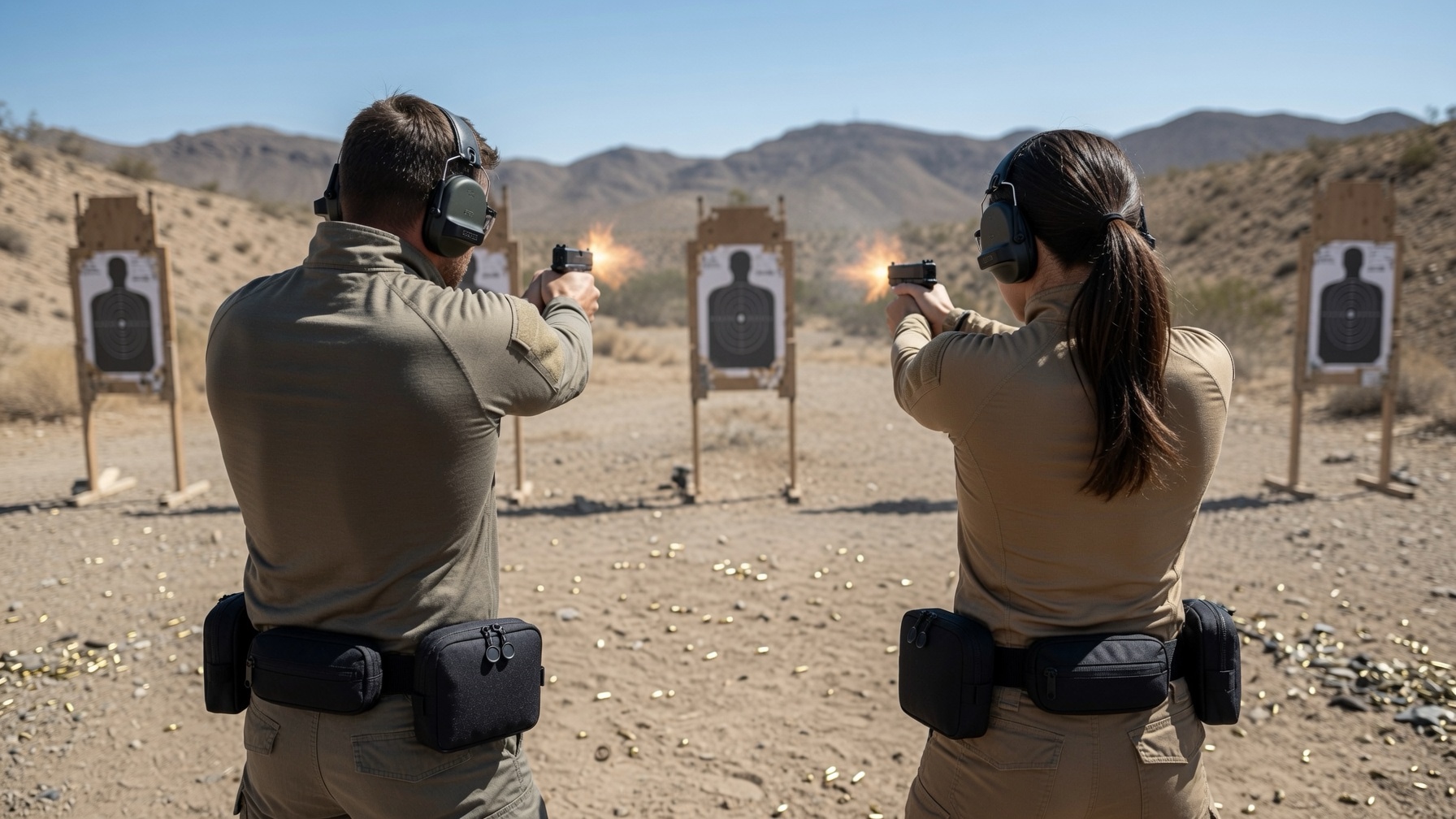Man and woman shooting at outdoor firing range, TBK worn on both hips