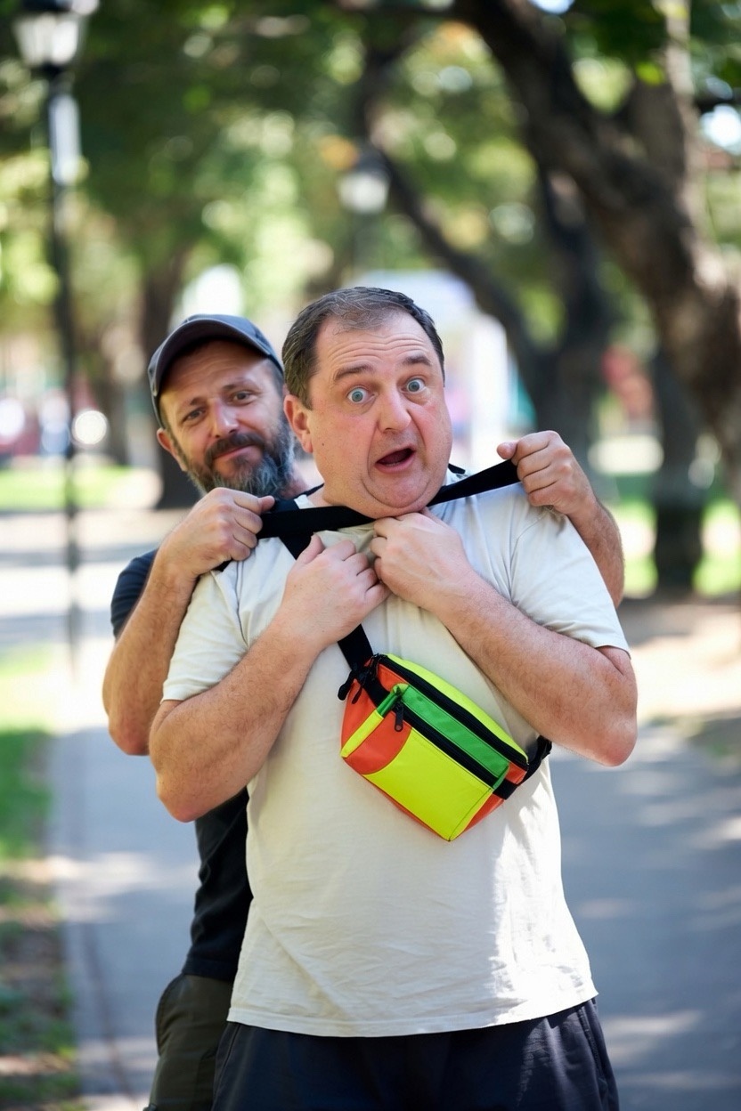 Person grabbing fanny pack from behind — illustrating theft vulnerability