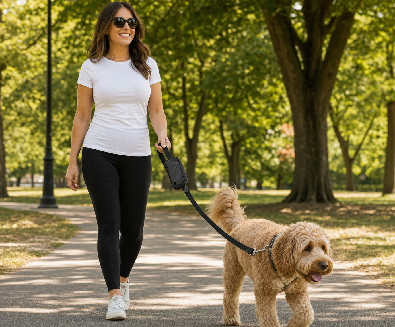 Woman walking golden doodle in park, TBK visible on leash handle
