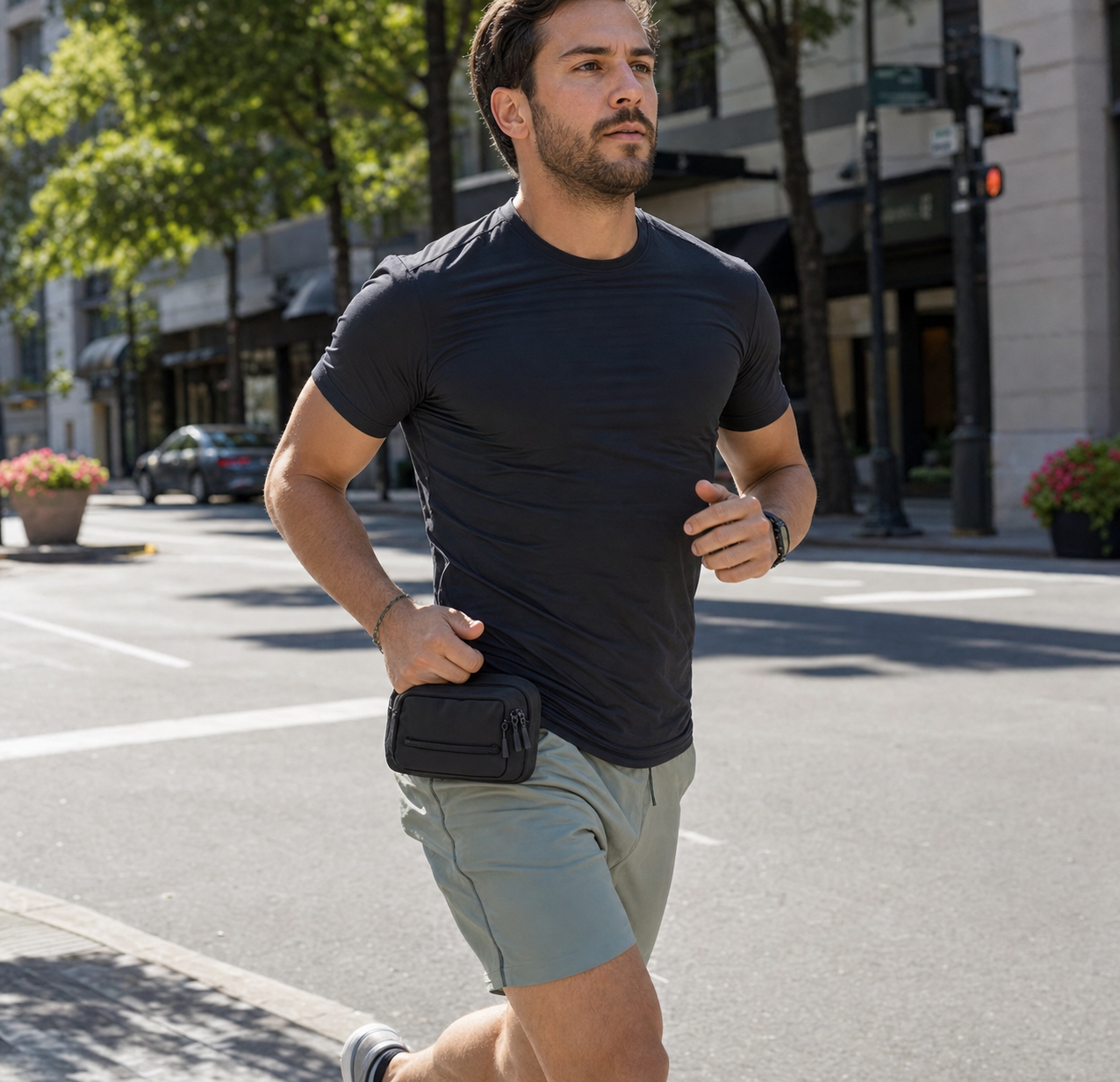 Man running through city with TBK on hip — hands free in motion